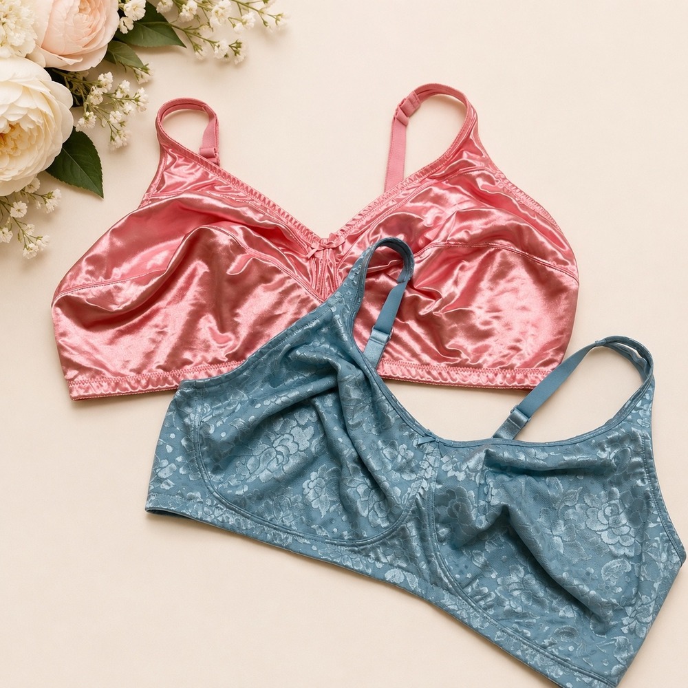 Comfort Choice 2 Bra Bundle 52G Pink Satin Blue Floral Wireless Full Coverage